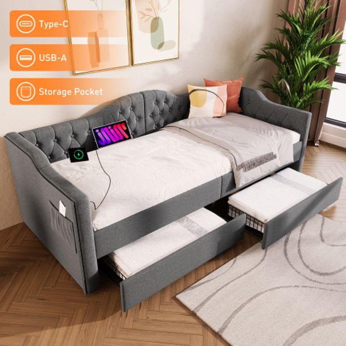 Cadre de lit - MUVOE - 90x200 cm - Rembourré en lin gris - 2 tiroirs - Recharge USB Type C