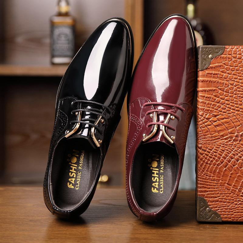 Mens Patent Leather Shoes Men Dress Shoes Lace Up Pointed Toe Wedding Business Party 2 Colors Big Size