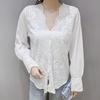 Embroidered Elegant White Lace Blouse Women V-neck Vintage Woman Shirt Wavy Cut Long Sleeve Blouses Office Lady Tops 17381