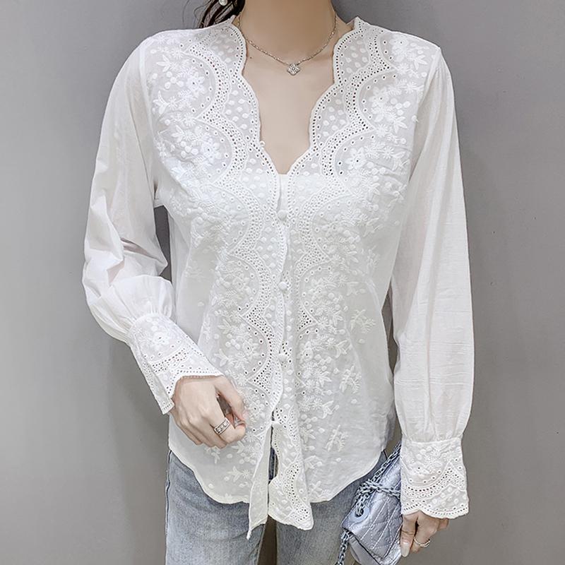 Embroidered Elegant White Lace Blouse Women V-neck Vintage Woman Shirt Wavy Cut Long Sleeve Blouses Office Lady Tops 17381