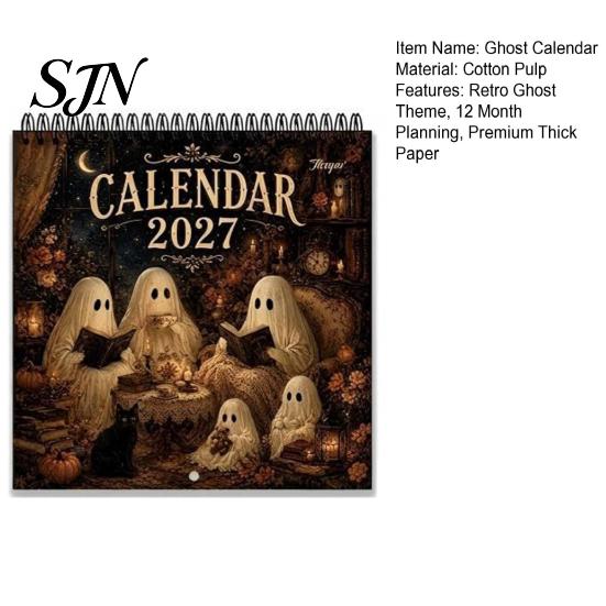 Retro Ghost Wall Calendar 2027, Illustration Monthly Planner with Sturdy Coil Daily Task Scheduling Tool Binding And Thick Matte Paper for Decoration