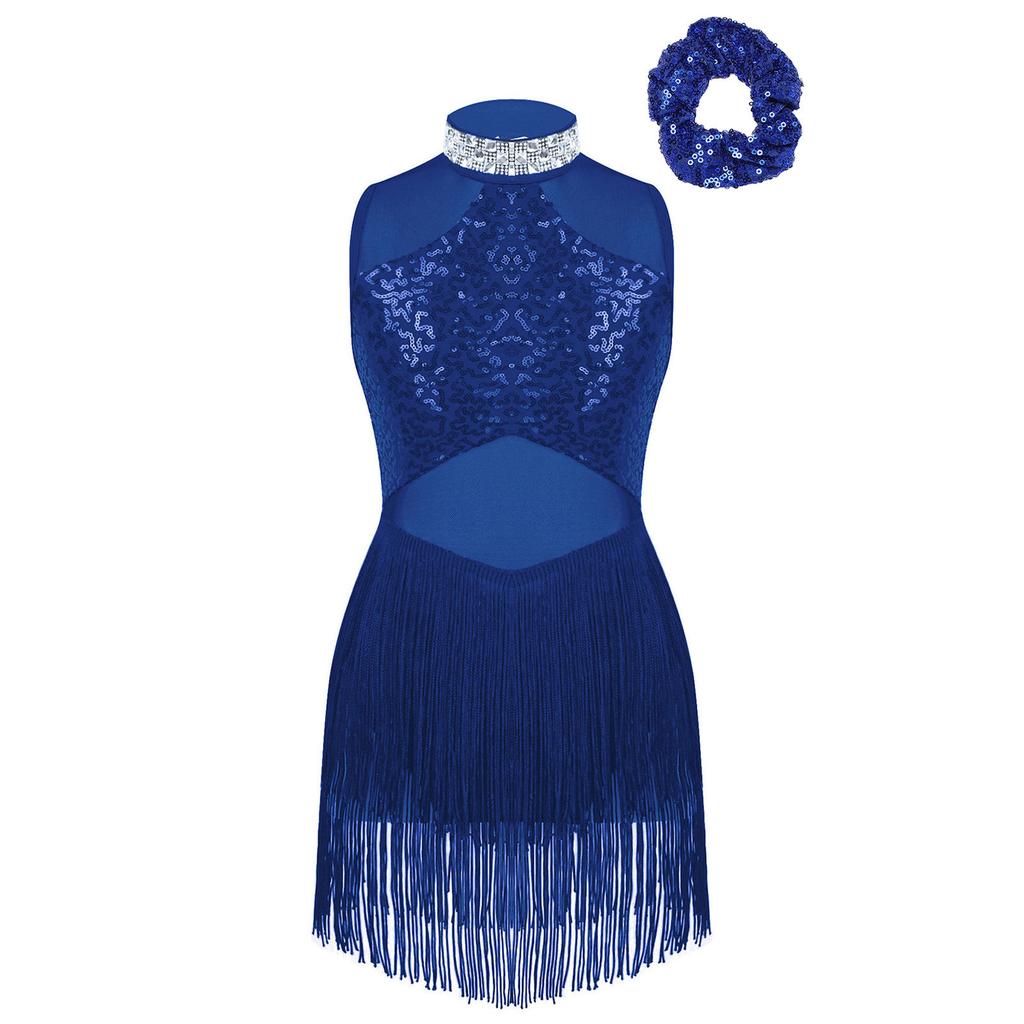 Girls Rhinestone Decorated Collar Leotard Sequins Mesh Patchwork Tassel Hem with Hair Tie