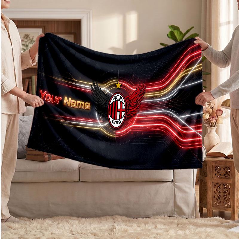 AC Milan Personalized Fleece Blanket With Football Logo, Custom Name Text Soft Warm Home Throw Blanket
