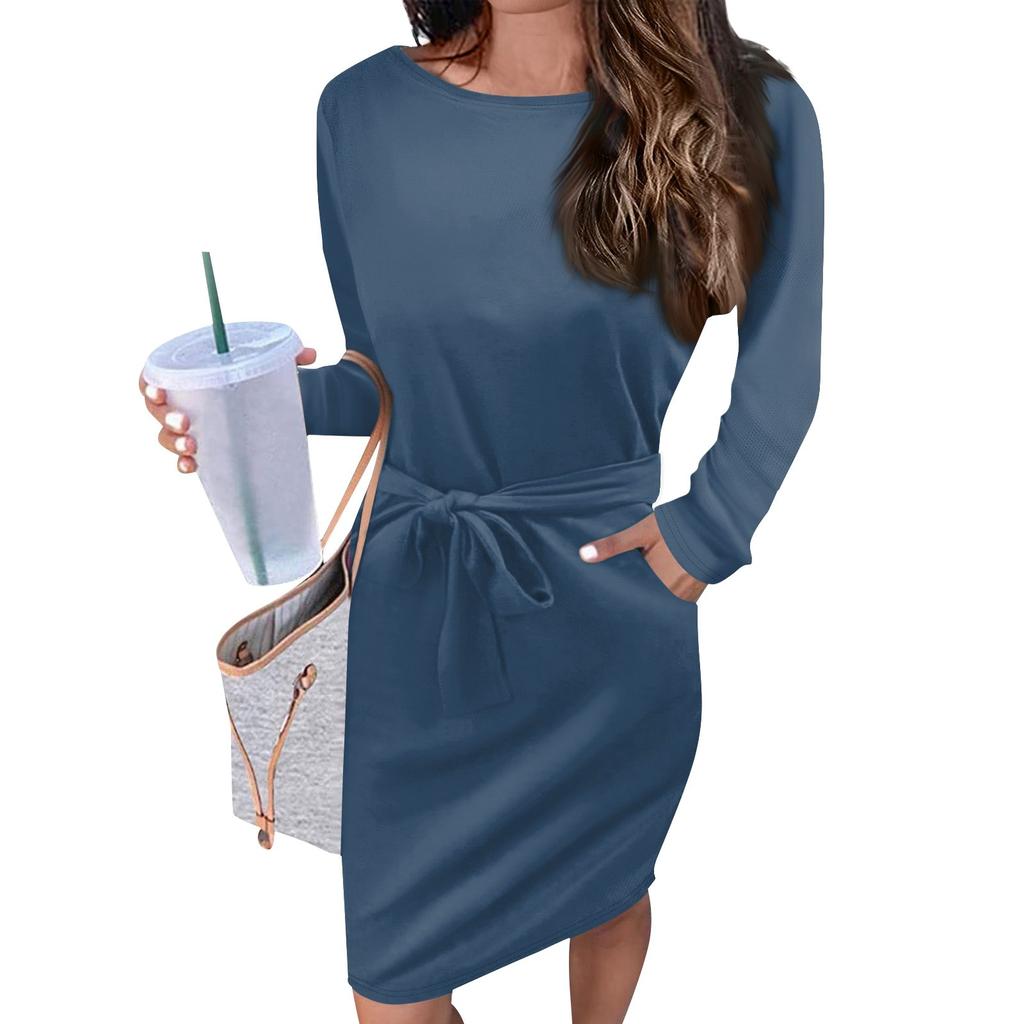 Женское повседневное модное сексуальное платье с круглым вырезом и длинным рукавом на талии, однотонное платье