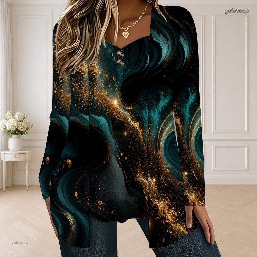 Women Plus Size Square Neck Long Sleeve Red Black Printed Button Detail Layered Front T Shirt
