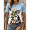 Женская футболка Животное Повседневная Короткий рукав Круглый вырез Обычные Топы Ежедневный Принт Синий Лето
