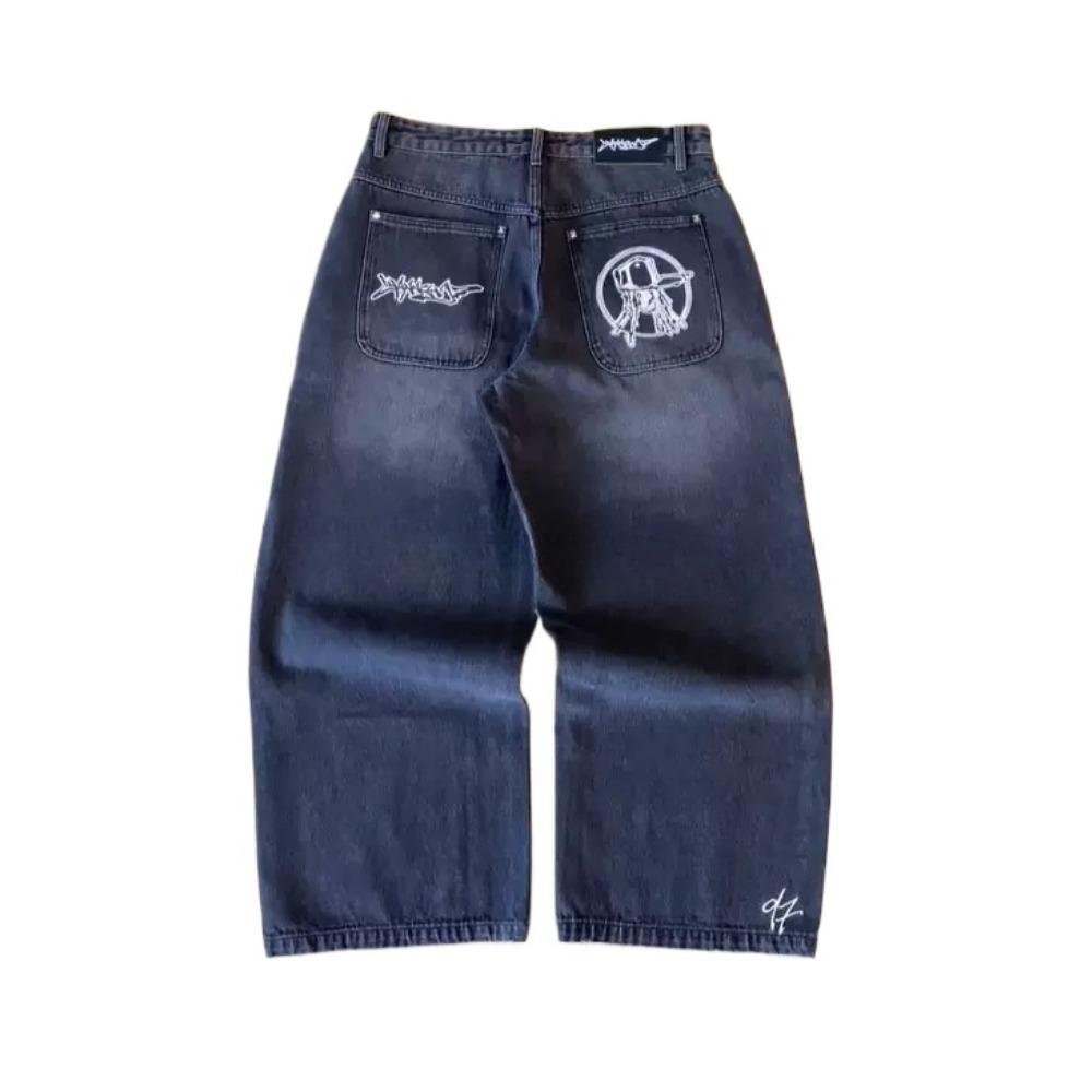 RogueWave Street Fashion Brand Wide Leg Jeans Y2K Hip-hop Retro Simple Print Loose Gothic Harajuku Horn Pants Ripped Jeans