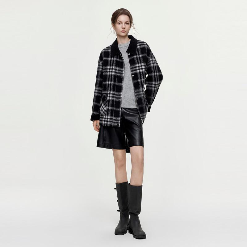 ELLE Retro Plaid Wool Blend Double-Faced Short Coat