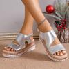 Plus Size Peep Toe Wedge Sandals with Elastic Band & Round Toe - High Heel Silver Roman Style for Women