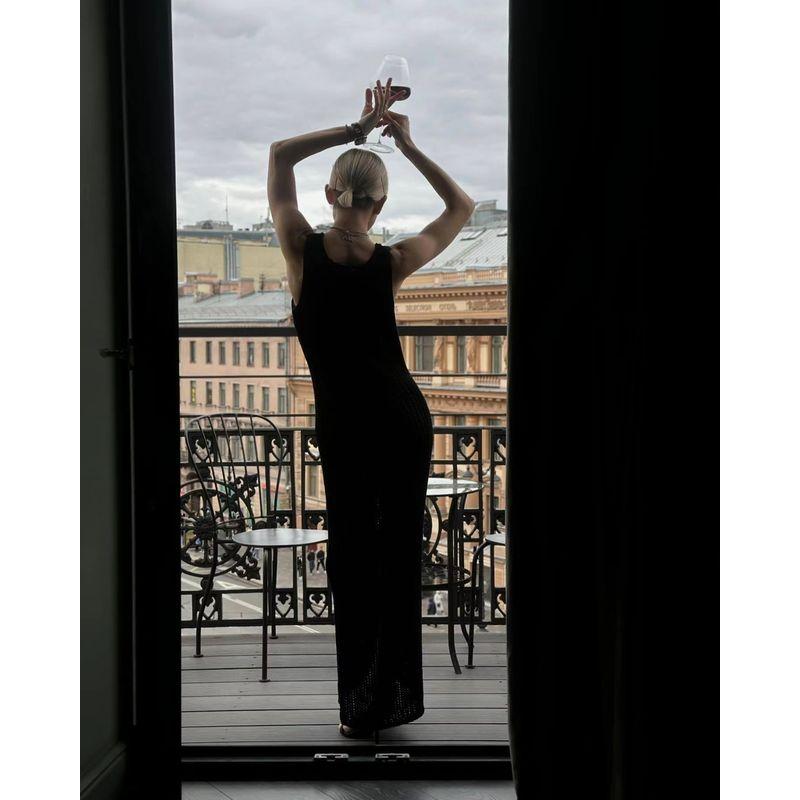 European and American Summer Solid Split Sexy Knitted Cut-out Dress Sexy Knitted Hollow Dress