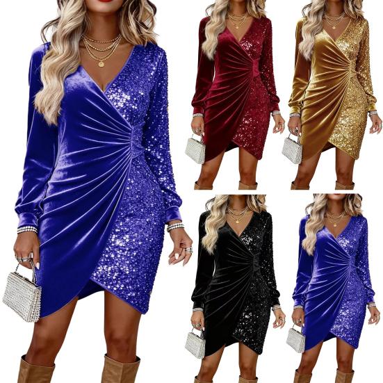 Женское бархатное мини-платье с запахом и пайетками, с длинным рукавом, V-образным вырезом, драпировкой, облегающее фигуру, блестящее, для вечеринки, коктейля, клуба