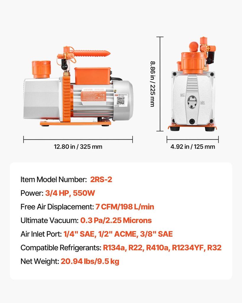 Vacuum Pump, 7 CFM 198 L/min, HVAC Two Stage Rotary Vane AC Vacuum Pump, for R134a R22 R410a R1234YF R32, 4 Pole Motor, for Automotive Air Conditioner