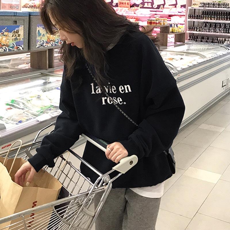 Ladies Letter Print Round Neck Hoodies Top Women Oversized Long Sleeved Pullover Gray Sweatshirt for Autumn Winter New
