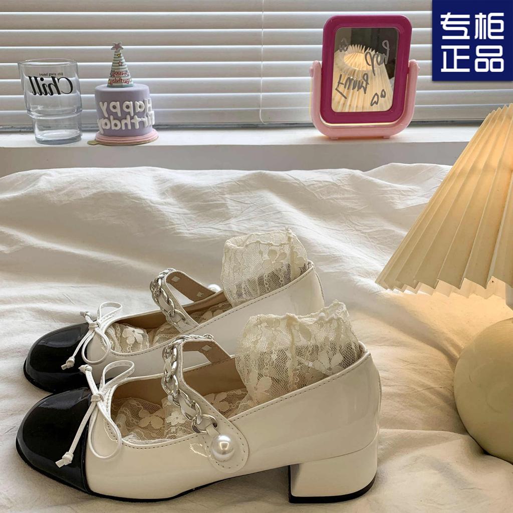 2025 Spring New Square Head Bow Shallow Mouth Mary Jane Shoes French Fairy Small Fragrant Wind Medium Thick Heel Single Shoes Women