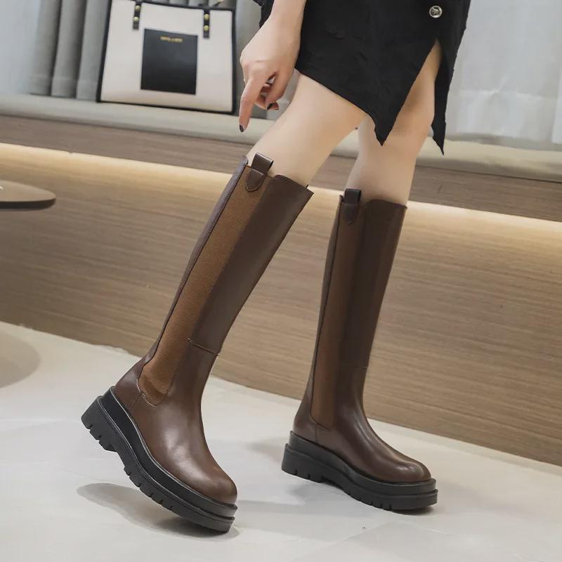 Женские сапоги до колена из натуральной кожи: Модные узкие туфли на толстой подошве осень/зима 2023 года.