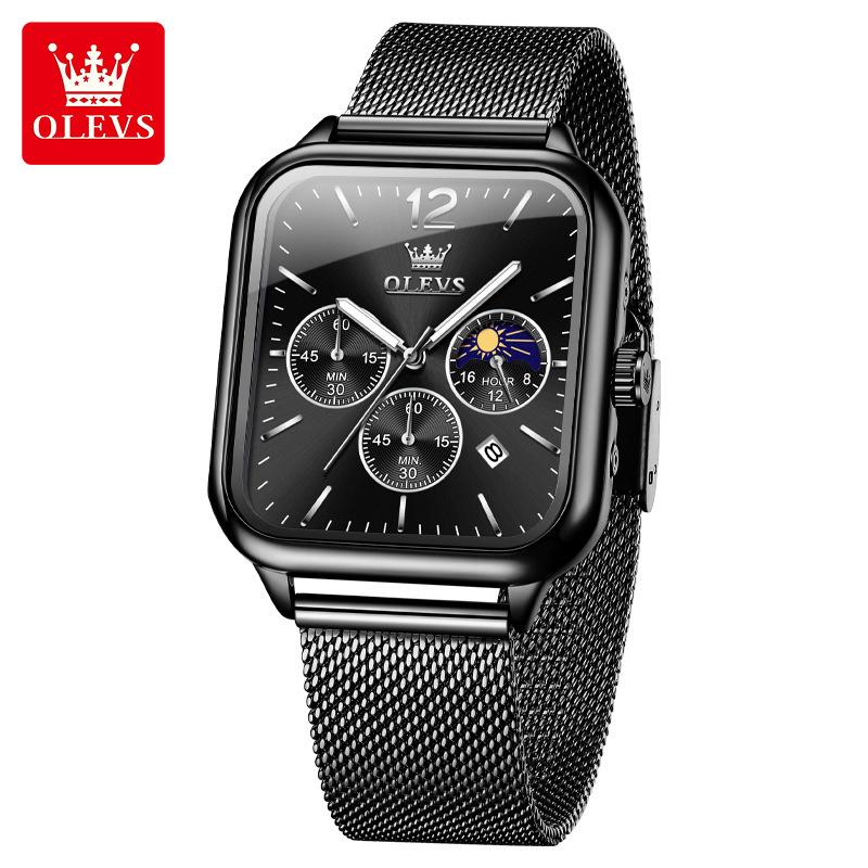 Square Quartz Men's Watch Three Eye Timer Moon Phase Automatic Date Waterproof Luminous Sports Watch