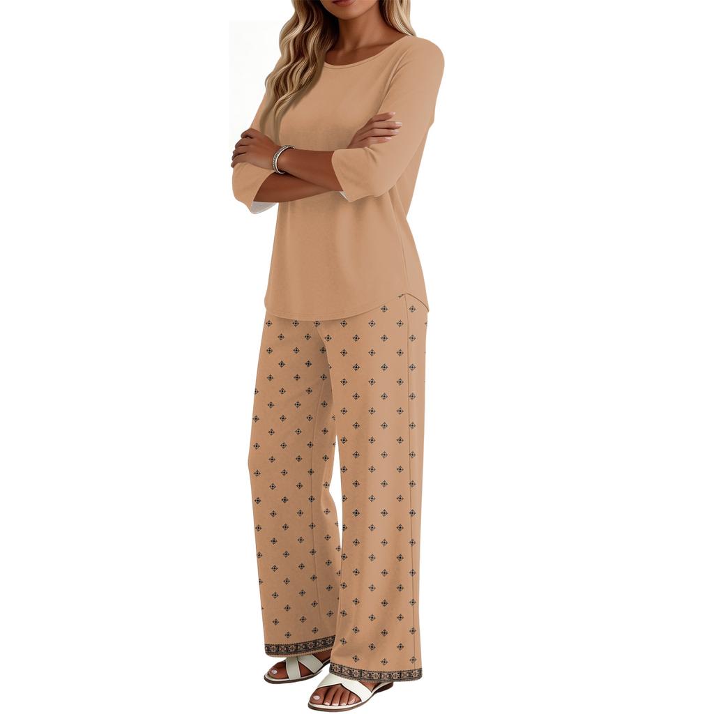 Women's Casual Fashion Round Neck Loose Fit Printed Three Quarter Sleeve Top with Wide Leg Pants Set Comfortable Lounge Wear