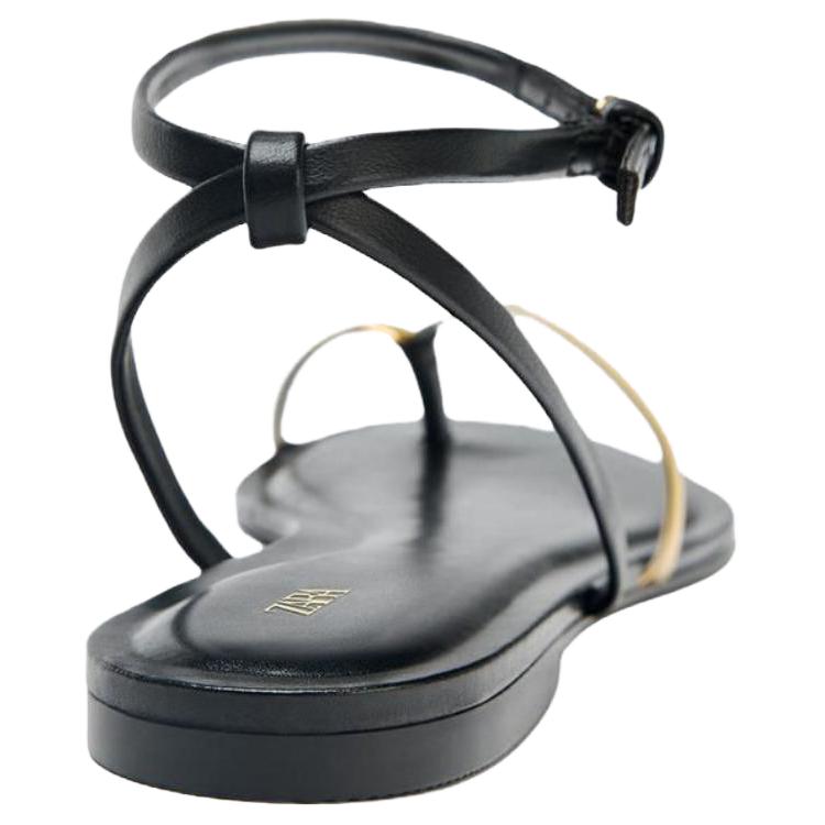 Zara Женские босоножки Pu Винтажные с открытым носком на плоской подошве Черные 1620610800