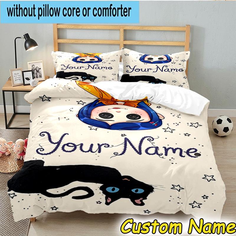 3pcs Custom Name Mystery Coraline's World Bedding Set Includes 1 Duvet Cover & 2 Pillowcases for All Seasons Dormitory Home Decor Christmas gifts