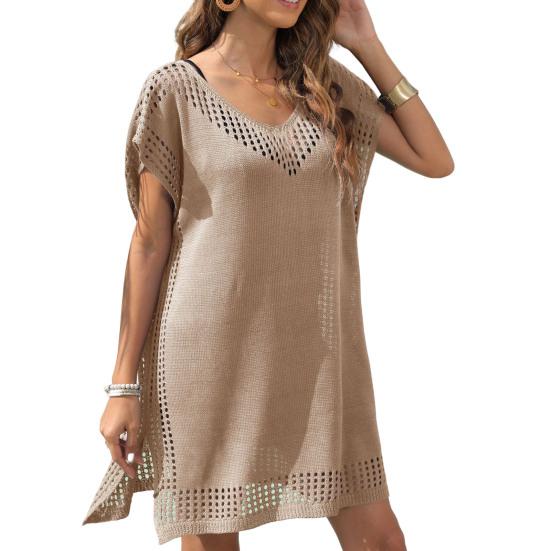 Cover Up Dress Side Split Sun Protection Washable Classic Hollow Pure Color Casual Bikini Cover Up Beach Clothing