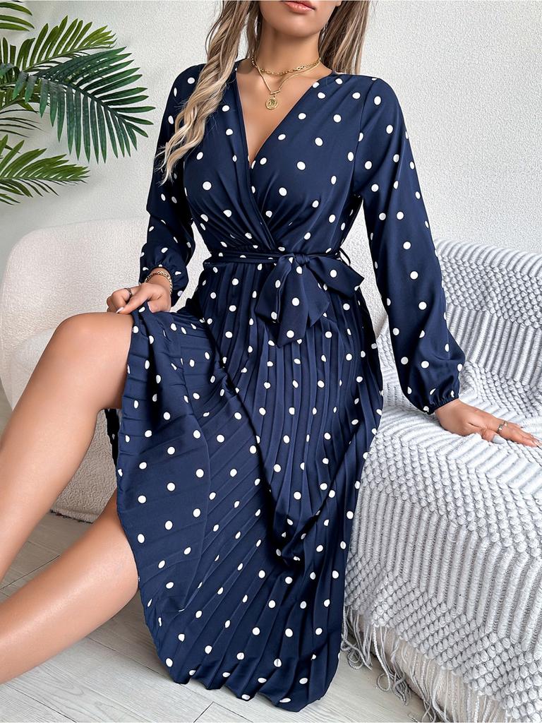 V Neck Printed Overlapping Dress Waist Hugging  Elegant Pleats Wave Point Dress for Women Long Sleeve Loose Dresses Causal Dress