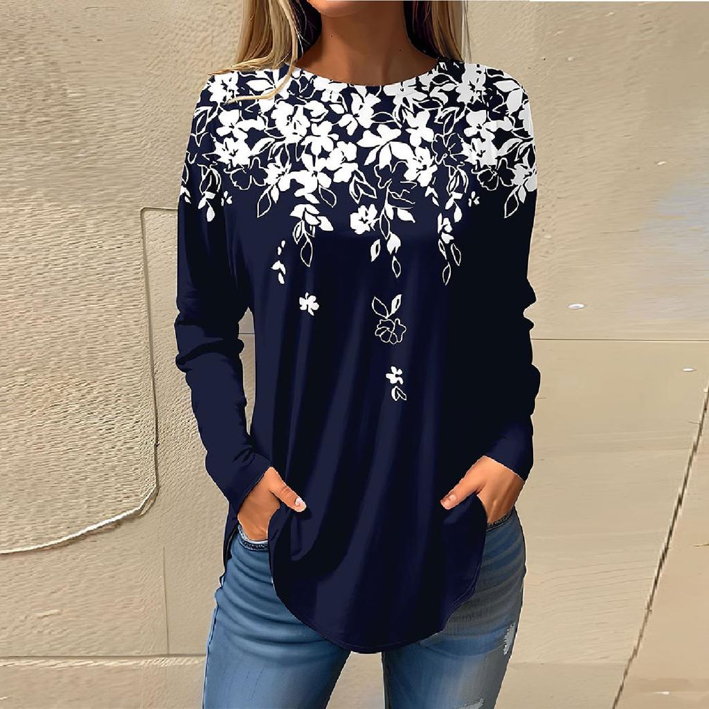 Tee Shirts For Women Fall Casual Long Sleeve Shirts Sweatshirt Retro Printing Top Pullover