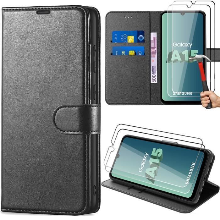 Coque de protection pour Samsung Galaxy A15 - Cuir PU Noir - Fentes pour cartes - 2 Verres Trempés