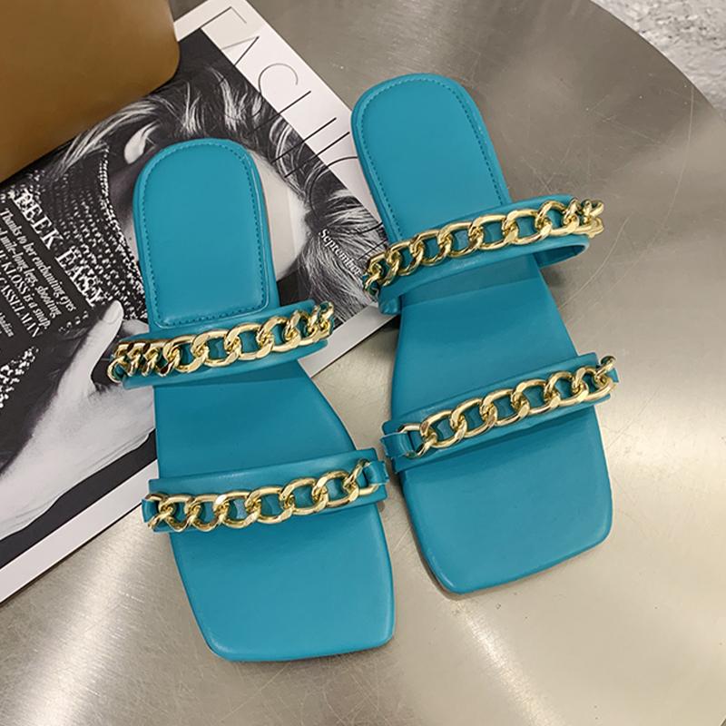 Chain Women Flats Slippers Designer Sandals New Square Toe Shoes Slingback Ladies Slides Summer Casual Women Flip -Flops