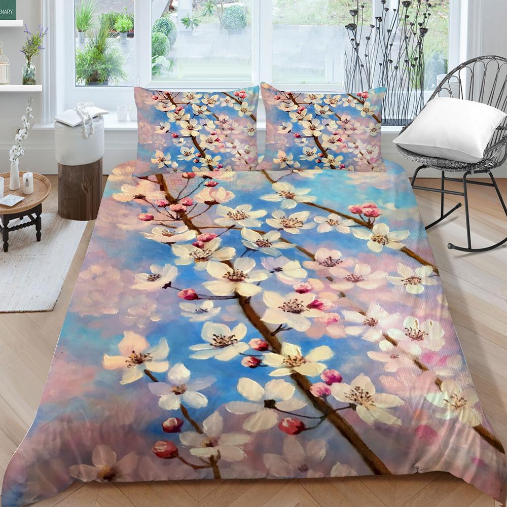 3D Family Bedding Single Double Bed Full Size Bedding Plum Blossom Pattern Pillowcase and Quilt Cover Noble and Washable Family Decoration