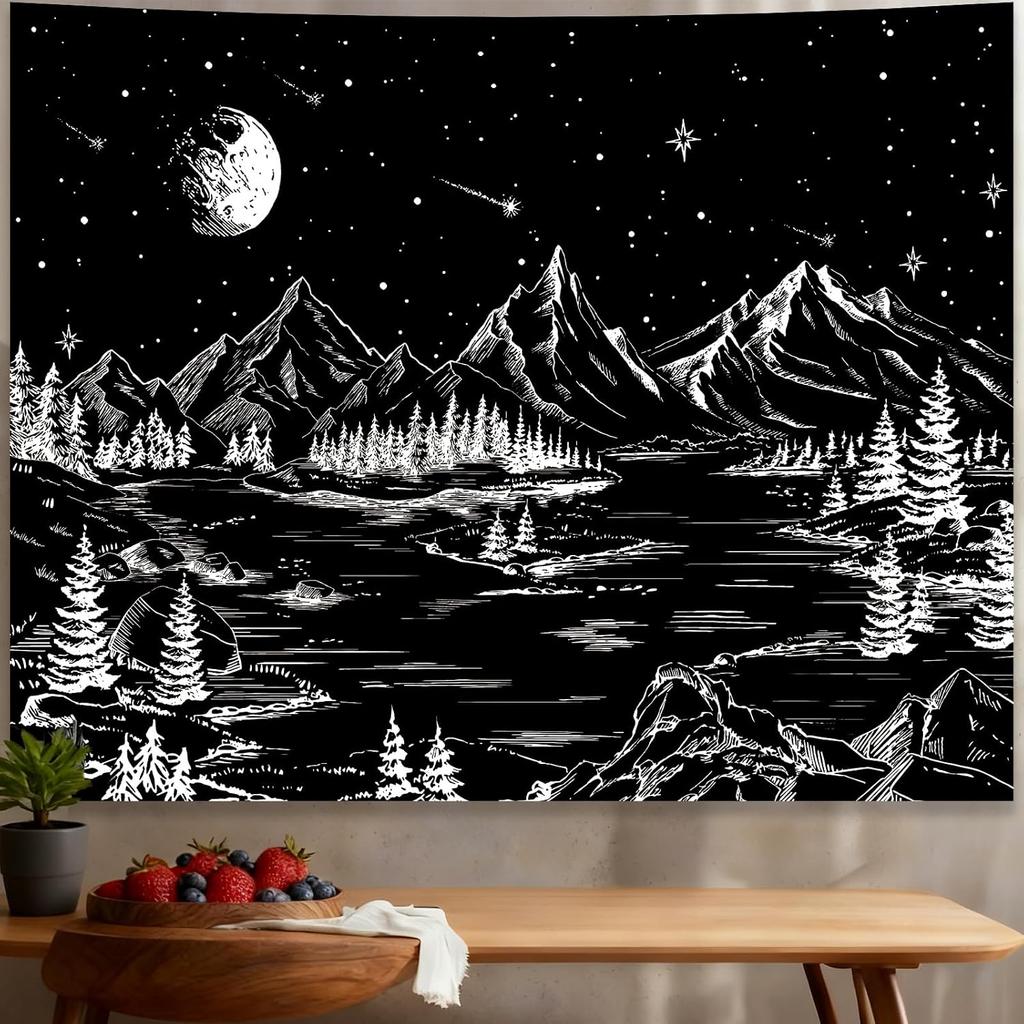 Apdidl Black and White Tapestry Starry Night Mountain Tapestries for Bedroom Aesthetic Moon and Stars Tapastry's Wall Hanging Dark Nature Forest Wall