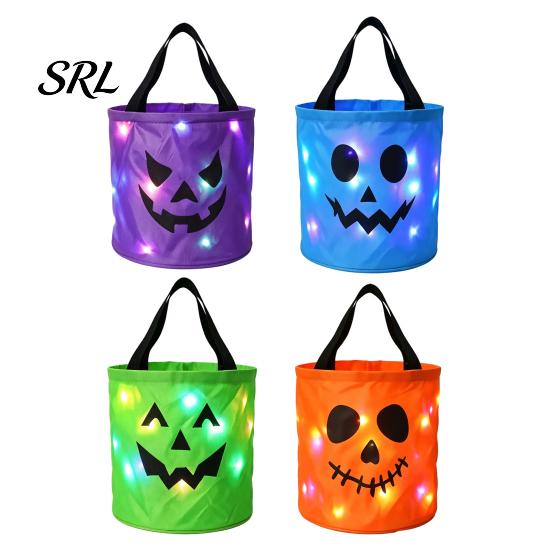 Decorative Containers for Sweets Halloween Glowing Pumpkin Candy Bag LED Light up Trick or Treat Bucket Bags Reusable Waterproof Oxford Fabric