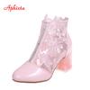 Aphixta Plus Size 43 Summer Breathable Sandals Boots Women Lace Air Mesh Crystals Transparent Square Heels Back Zipper Boots