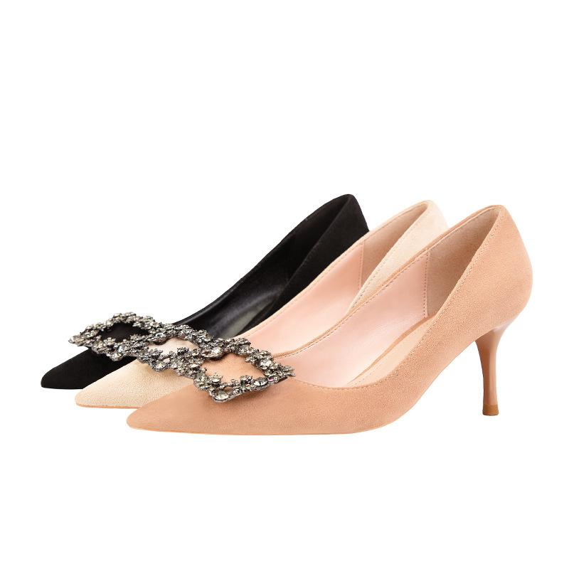 Модная тонкая обувь на высоком каблуке женская обувь тонкий каблук мелкий вырез острый носок стразы квадратная пряжка высокий каблук одинарная обувь