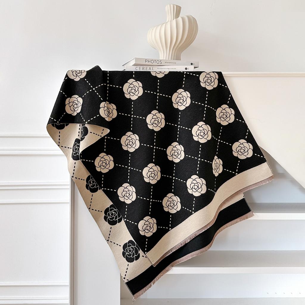 Winter Small Fragrance Outside With Versatile Camellia Imitation Cashmere Scarf Shawl Women'S Long Versatile Warm Scarf