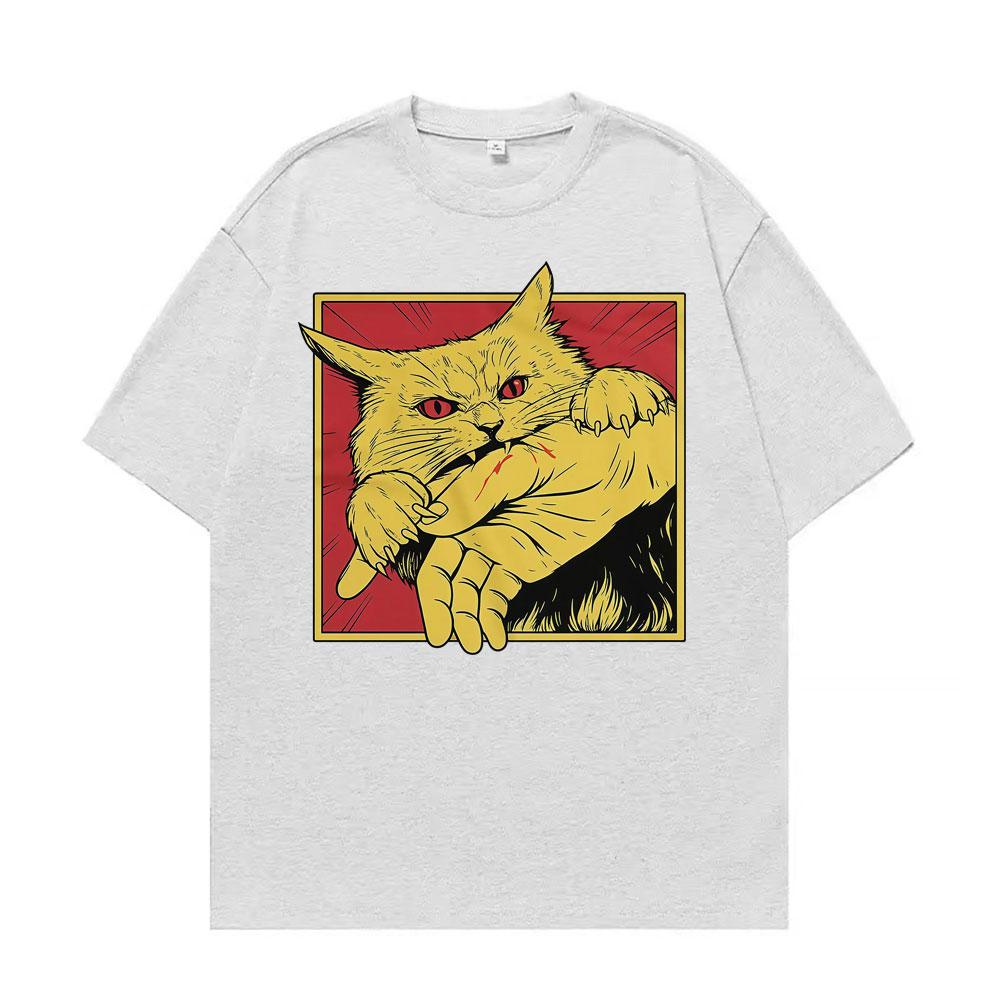 Angry Cat Biting Hand Funny Meme Tee Shirt Unisex Fashion Vintage Oversized T Shirt Men Summer Tops High Quality Cotton T-shirts