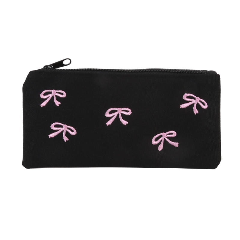 Ins Style Simple Black Bow Pencil Case Large Capacity Pencil Storage Bag Cosmetic Bag Stationery Organizer School Supplies