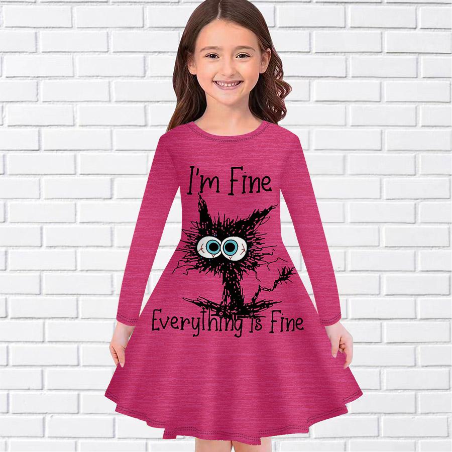 Повседневное платье для девочек с принтом «Глупый кот» и круглым вырезом, длинными рукавами, детское платье принцессы