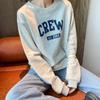Women's Grey Letter Print Hoodie Ladies Loose Thin Round Neck Long Sleeve Pullover Casual Top for Student