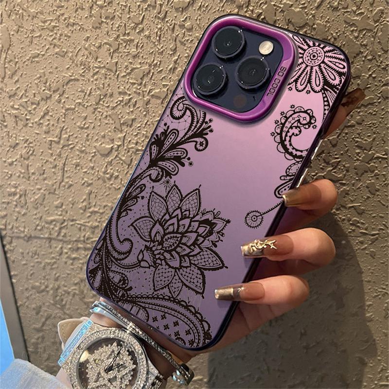Luxury Lace Florals Pattern Phone Case For iPhone 15 14 13 12 11 16 Pro Max 7 Plus X Shockproof Electroplated Lens Bumper Cover