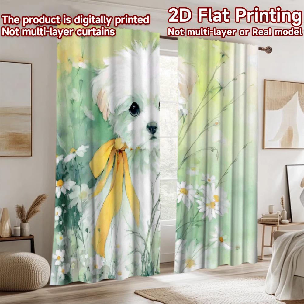 2D flat printing 2pcs Curtains Cute White Dog Yellow Bow Daisies Digital Printed Polyester Drapes Festive Wall Decor Use for