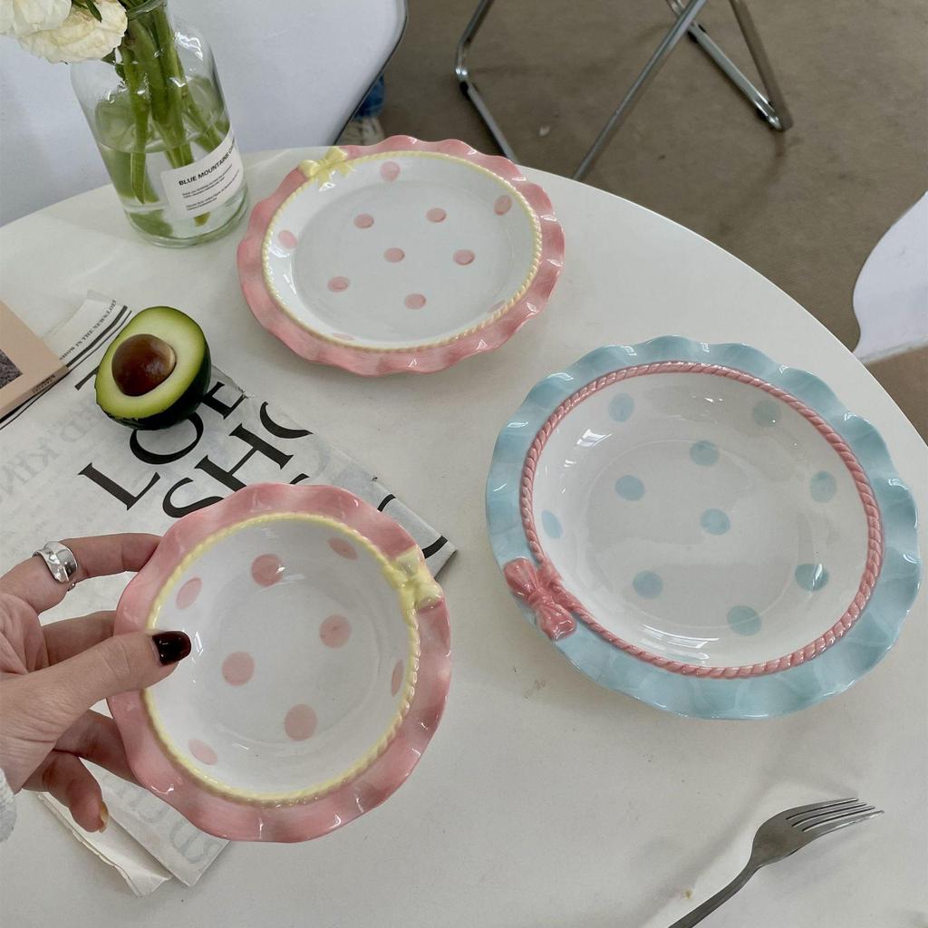 Корейский милый набор керамической тарелки и пиалы с кружевом и бантом для десертов и тортов