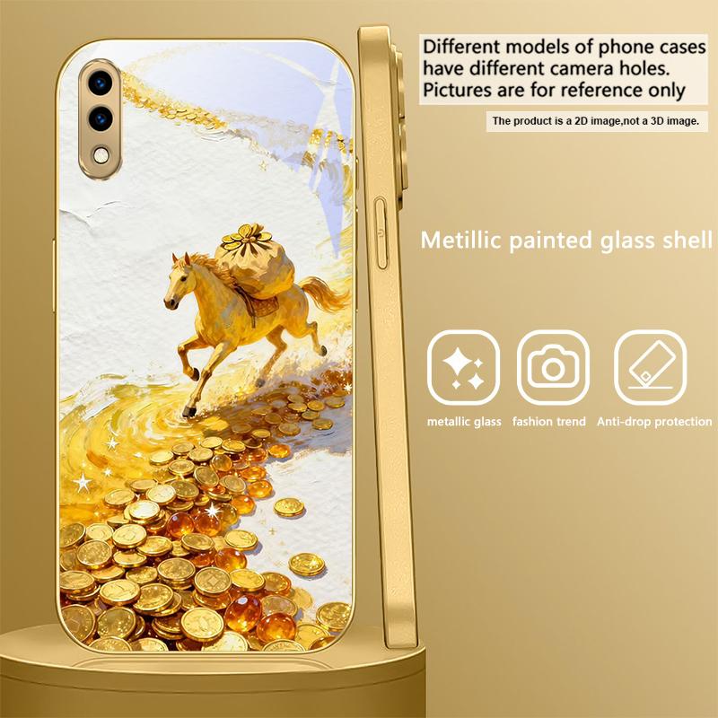 Золотая скачущая лошадь Для Samsung A 01 52S A04 A05S A10 A12 A13 22 23 24 36 42 M02 Note 10 20Ultra 8 9 Золотой стеклянный чехол для телефона