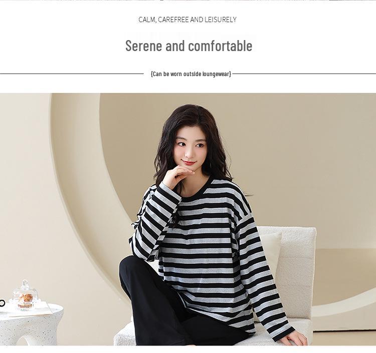 Женская осенняя пижама с круглым вырезом, в полоску, с длинным рукавом и нагрудными вкладышами - Повседневный комплект больших размеров для дома и улицы