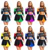 Women Cheerleading Outfit Long Sleeve Hollow Out Crop Top Skating Skirt Contrast Color Rhinestone Two Piece Set