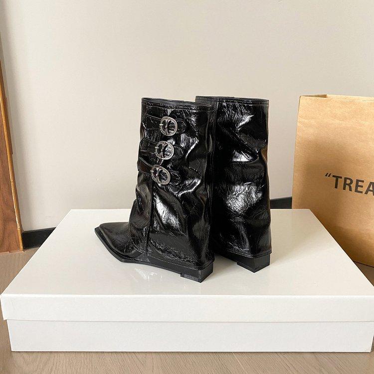 Height-increasing wasteland wind pointed knight trouser tube boots women's belt buckle white new medium tube stacking medium tube boots