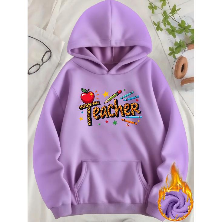 Cozy & Warm Teacher Graphic Print Fleece Lined Hooded Sweatshirt with Kangaroo Pocket