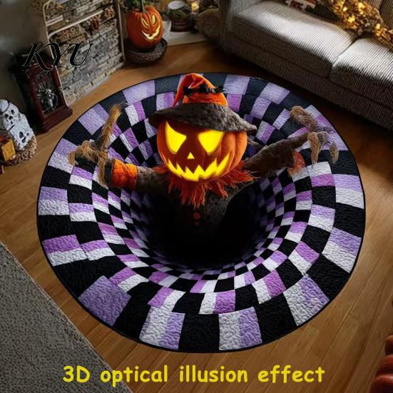 Сезонный праздничный декор 3D Круглый коврик на Хэллоуин, Призрачный скелет Оптическая иллюзия Ковер для зоны, Уникальные визуальные коврики Стеганый Жуткая глубина Нескользящий ковер