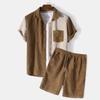 Men's Casual Loose Two-Piece Outfits Man Waffle Patchwork Corduroy Short Sleeved Shirt Shorts Set