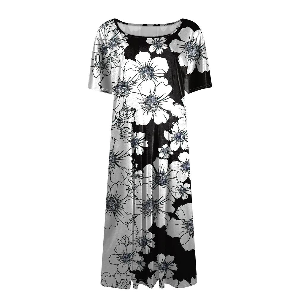 Women's Loose Casual And Fashionable Round Neck Short Sleeved Printed Mid Length Dress