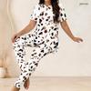 Women Plus Size Two Piece Set Round Neck Short Sleeve Printed Long Top Fitted Long Pants